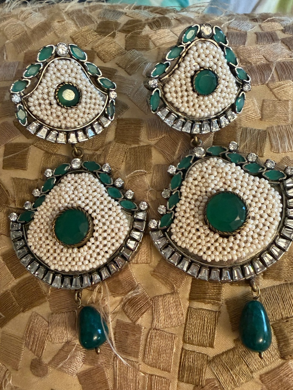 HANDMADE POLKI FESTIVE EARRINGS w/seed pearls, green stones,zirconsWomen Jewelry